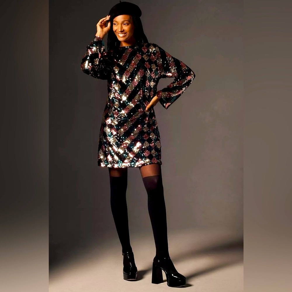 Maeve Long-Sleeve Mock-Neck Sequin Mini Dress - Picture 3 of 14